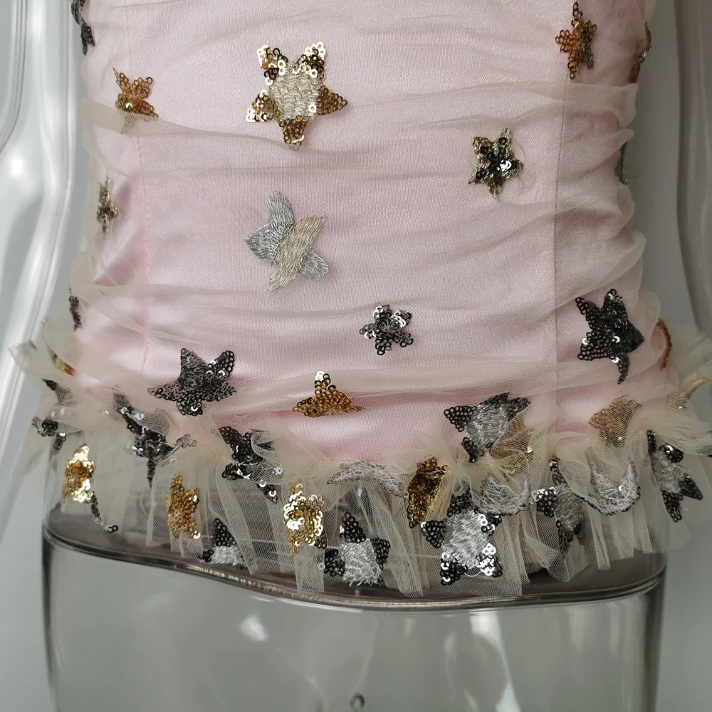 

Lofrcy Cute Sequin Star Smocked Tie-Shoulder Top Short Sleeveless Square Neck Pullover Shirring Tie Shoulder Ruffle Hem Cami