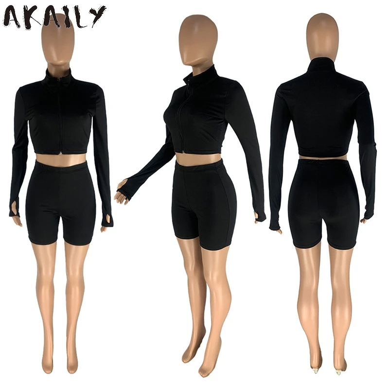 

Akaily Streetwear Black Turtleneck Zipper Crop Top Skinny Shorts Sets Women Bike Shorts Tracksuits 2 Two Piece Sets Female 2021