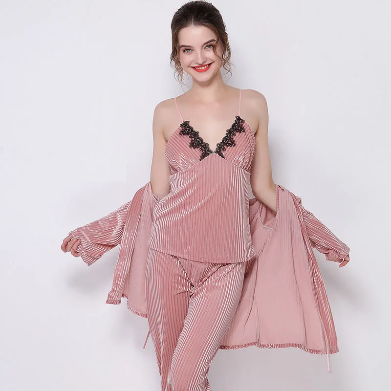 Осенне-зимние Бархатные пижамы для женщин теплая одежда сна с v-образным вырезом