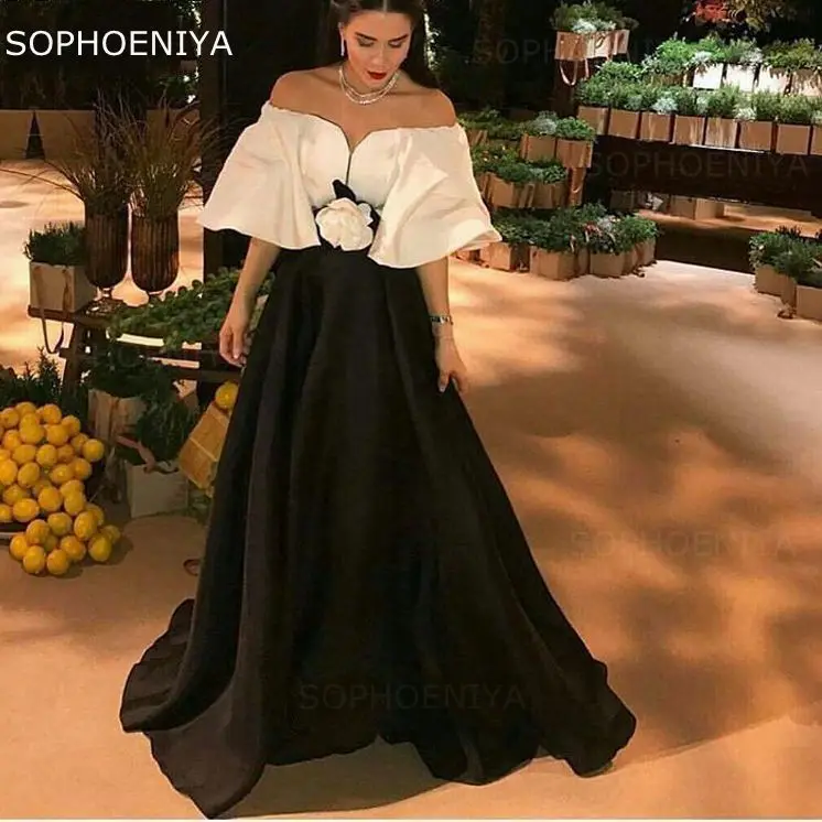 Новое поступление Черное и белое вечернее платье с открытыми плечами цветочным