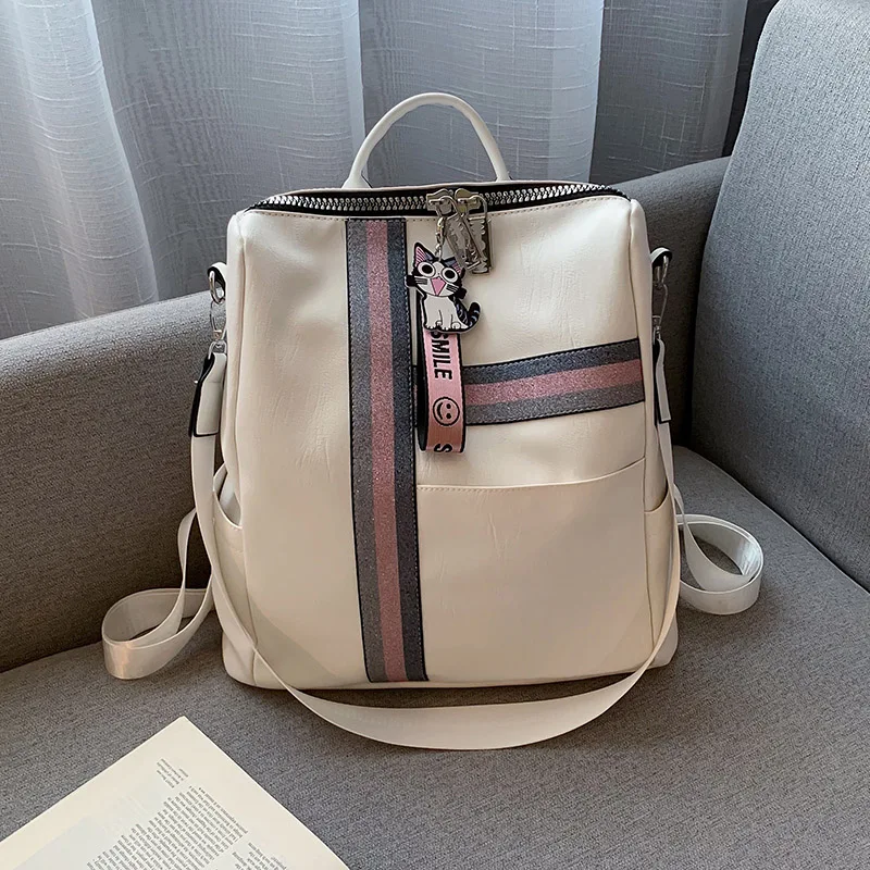 Bags for Women's2019 Daypacks Striped Casual Backpacks High Quality Leather Backpack Fashion Cute Pendant Girls Black School Bag | Багаж и