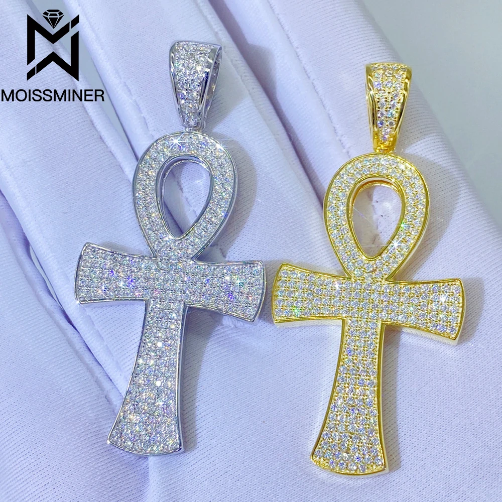 VVS1 Moissanite S925 Silver Round Ankh Cross Pendants Necklace Real Diamond Iced Out Necklaces For Men Women Jewelry With GRA