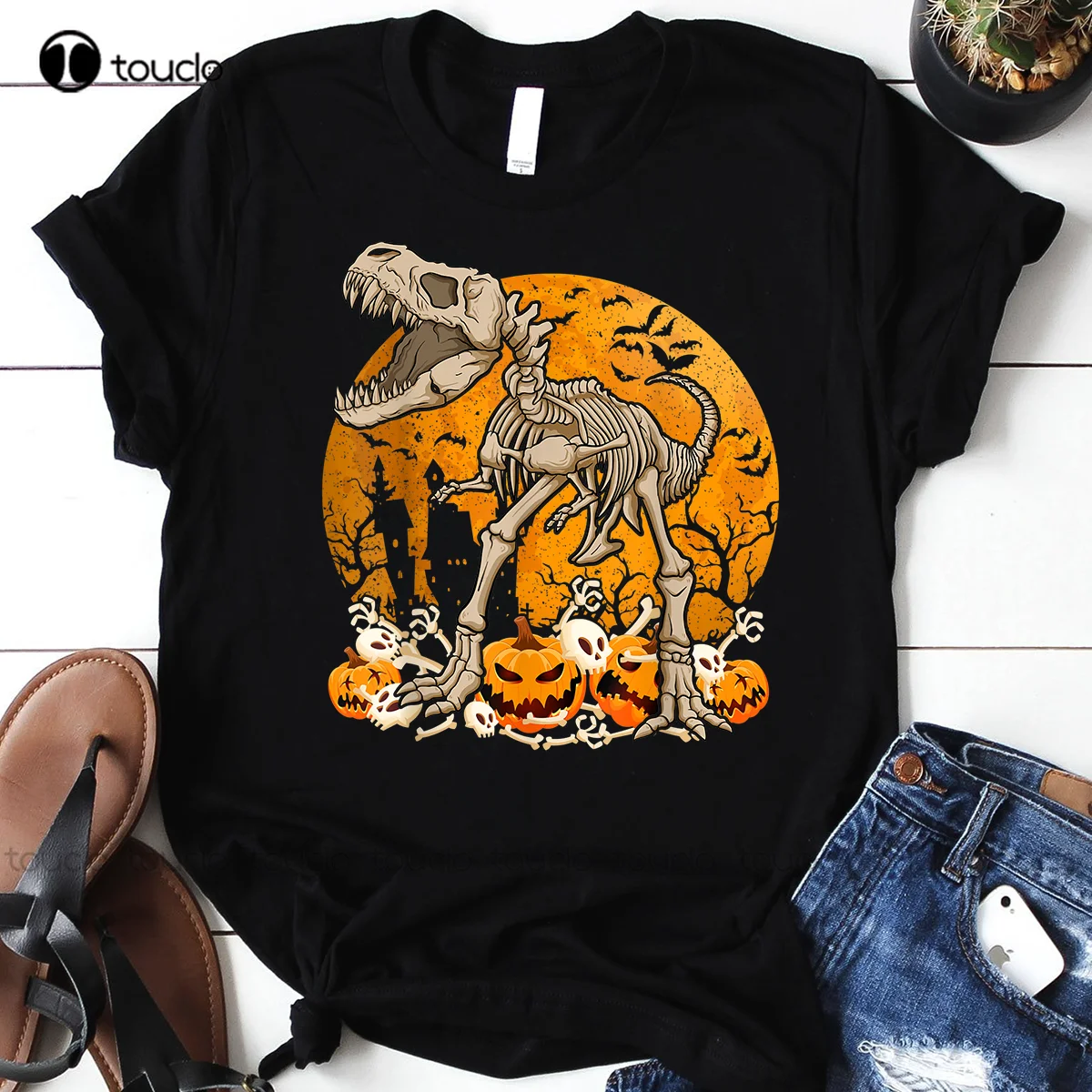

Новинка, футболка с динозавром, скелет, тыква с Луной, костюм на Хэллоуин, подарок, футболка, S-5XL, Футболки унисекс для спортзала