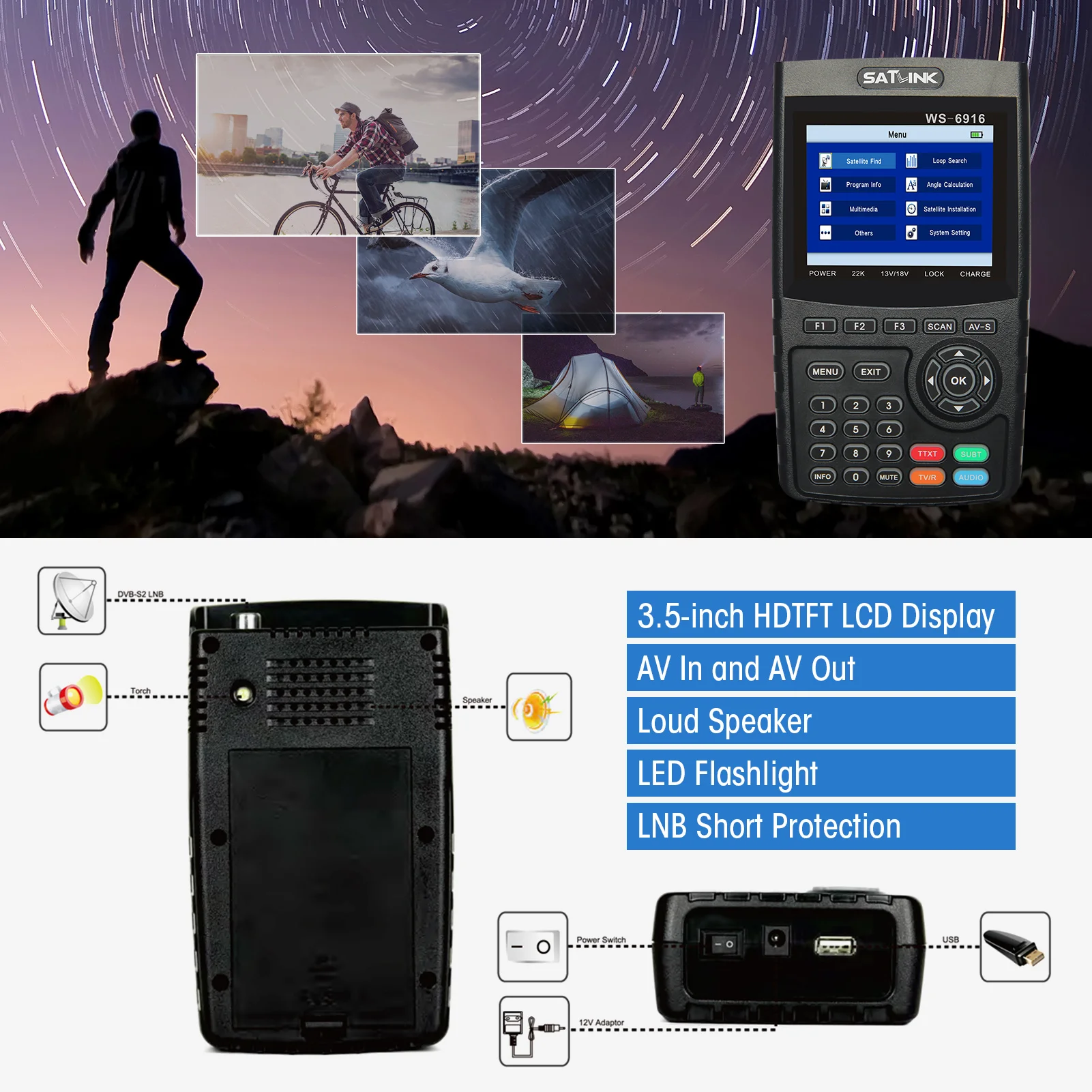 

WS-6916 Digital Satellite Finder Meter HD Digital Satellite TV Finder Satellite Signal Finder Meter with Carrying Pouch &Strap