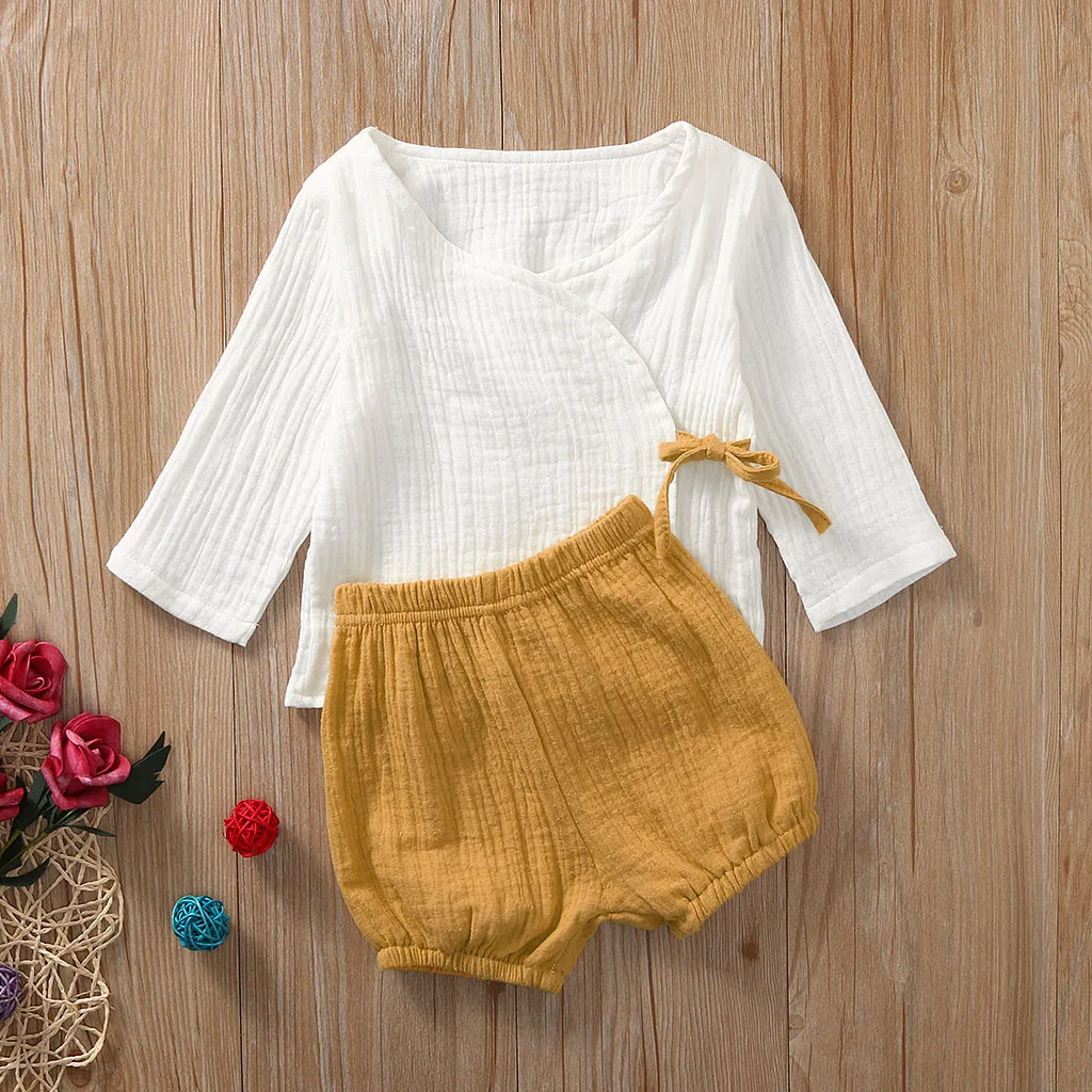 2020 Newborn Infant Baby Clothes Set Girl Solid Kimono T-shirt Tops Shorts Outfits 2pcs Children | Детская одежда и обувь