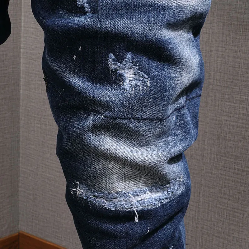 Italian Brand Fashion Men Jeans High Quality Retro Blue Elastic Slim Fit Ripped Jeans Men Distressed Designer Casual Denim Pants