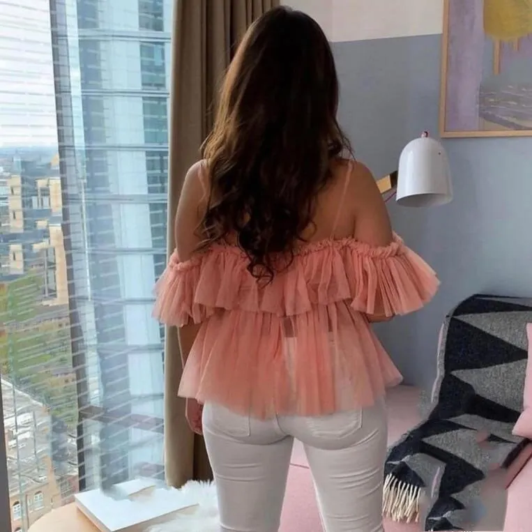 Fashion Women Off Shoulder Layer Mesh Blouses Sexy Summer Spaghetti Strap Backless Top Female Vintage Lace Up Ruffle Shirt