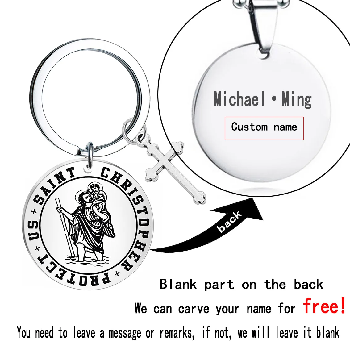 

Saint Christopher protect us keychain Stainless Steel keychain Men Catholic Cross Pendant free engraving Travel blessing jewelry