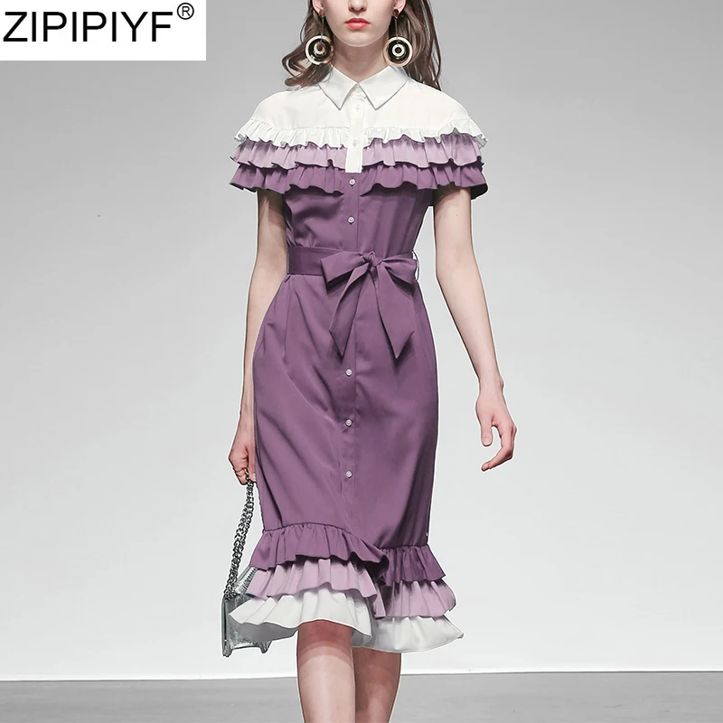 Women Slim Knee-L ength Mermaid Dress Ladies Ruffle Sleeve O-Neck Patchwork Vestidos 2020 Summer Fashion Elegant Party Trumpet | Женская