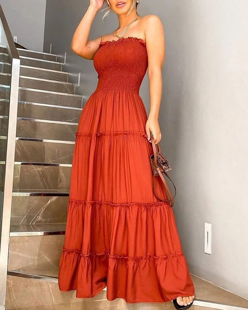

Fashion Elegant Sexy Off Shoulder Party Club Long Dress Evening Gown Bandeau Shirring Design Layered Ruffles Maxi Dress