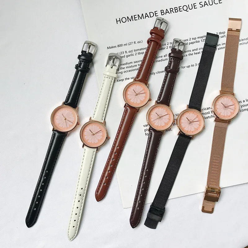 Элегантные женские часы с цветком маргаритки модные повседневные из нержавеющей