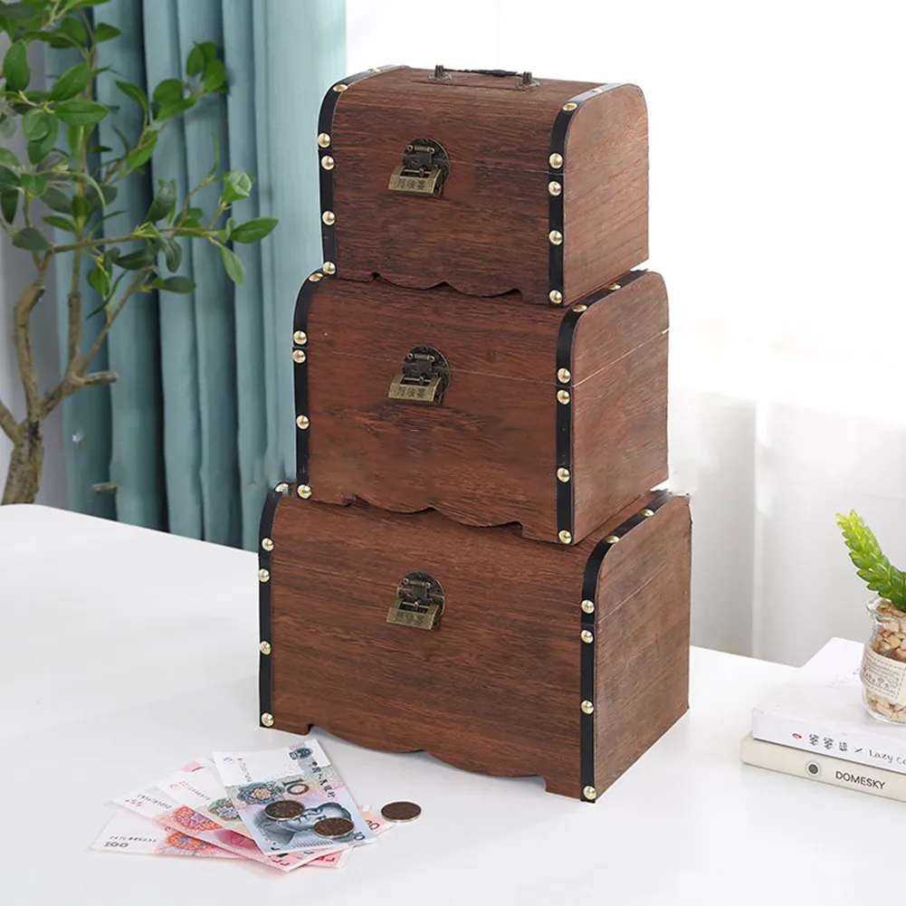 

Vintage Treasure Storage Box Piggy Bank Organizer Saving Case Retro Wooden Coin Container With Lock For Home Jewelry Sundries