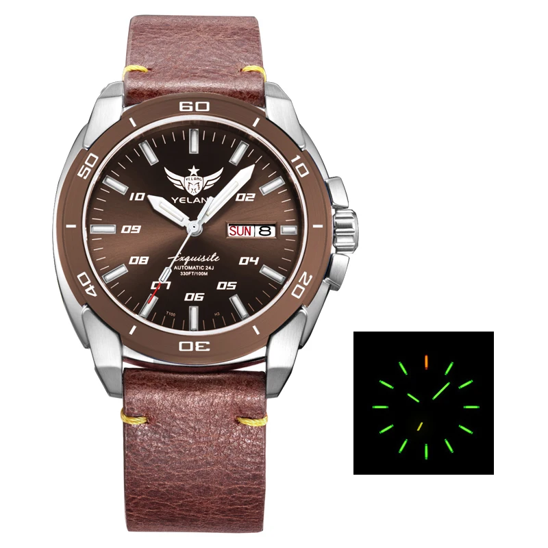 leather coffee p2 Мужские часы T100 Тритий, часы мужские Yelang автоматические meachnical H3 наручные водонепроницаемые мужские спортивные наручные часы relogio masculino V1020 - Цвет: leather coffee p2