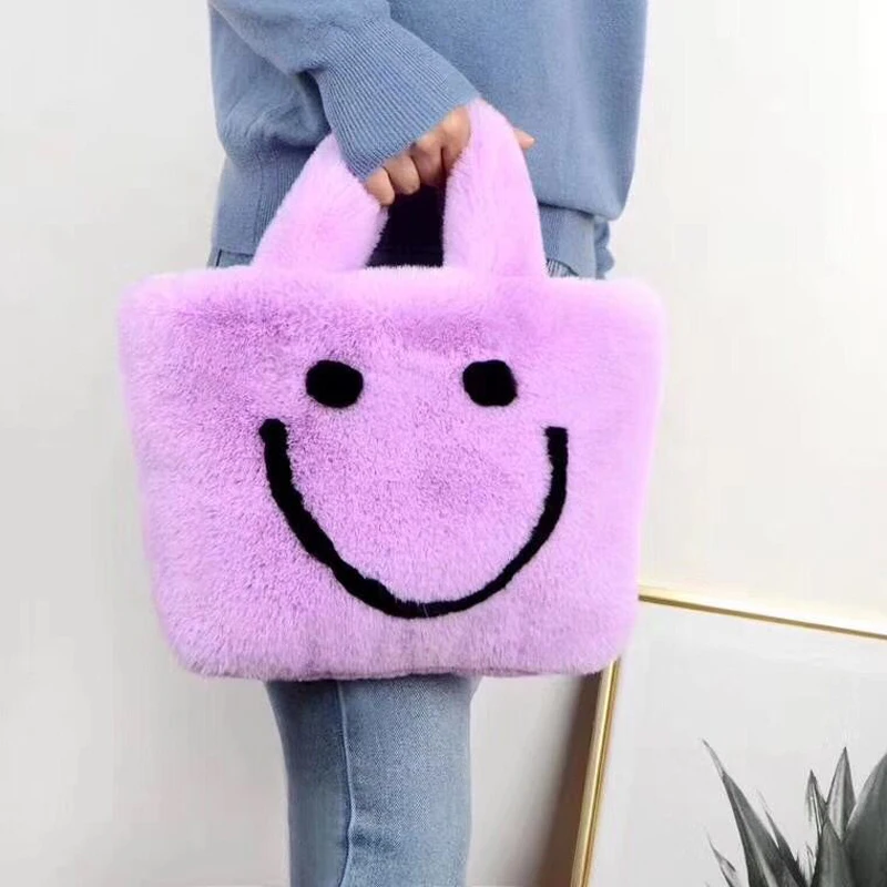 Fashion Plush Rabbit Fur Smiley Handbags Women Dual Purpose Cute Girls Fluffy Smile Messenger Bags Female Party Girlfriend Gift