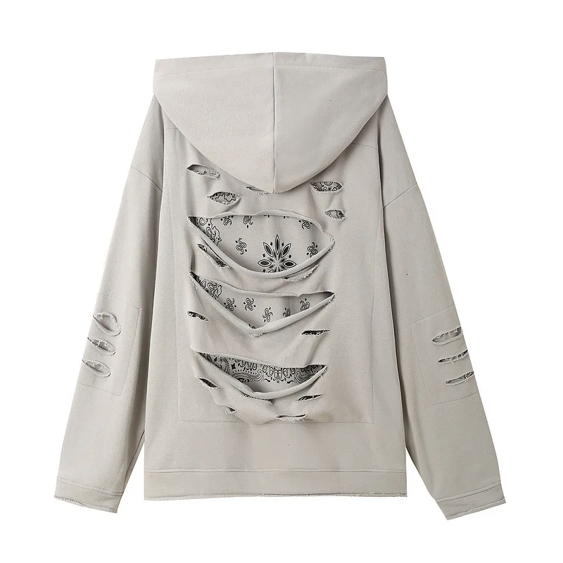 

Men's Hip-Hop Zipper Hoodie Sweater West Coast Cashew Flower Print Black Khaki Men's Hoodie Autumn Couple Fashion Ripped Hoodies