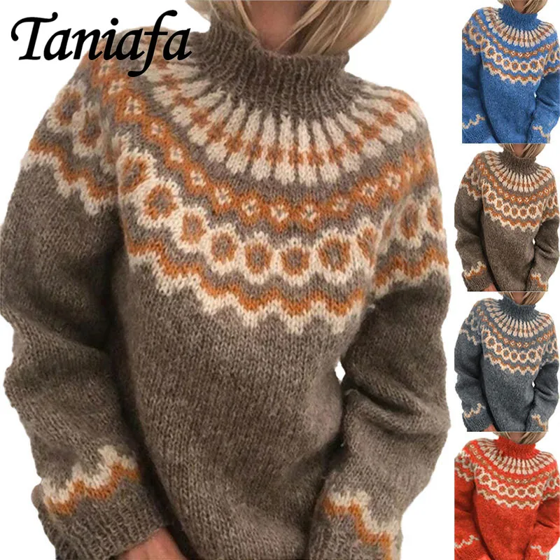 

Women Autumn Winter Knitted Blouse Fashion Jacquard Knitted Sweater Casual Long Sleeve High Neck Knitwear S-3XL