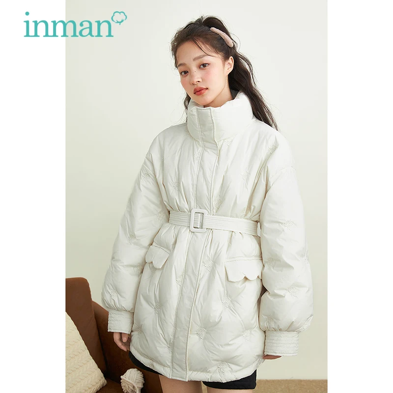 INMAN Women's Winter Jacket With Bandage Down Coat Minimalist Flowers Embroidery Design Kawaii Pocket Thermal Women's jacket