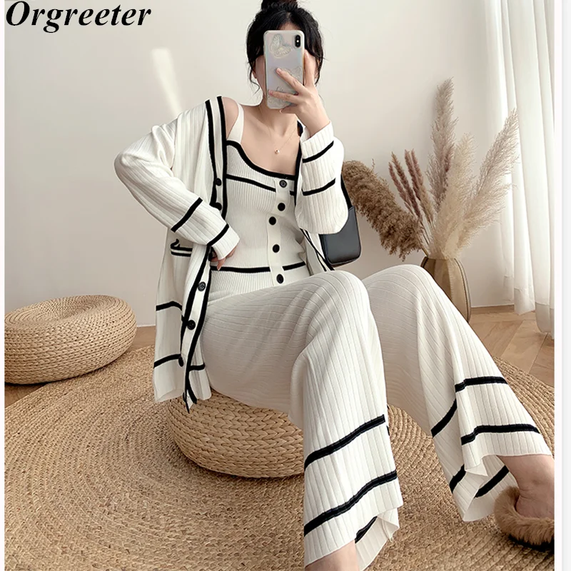 

New Striped Contrast Color 3 Piece Set Knitted Single-breasted Cardigan Tops +Sling Vest + Stretch Waist Wide Leg Pants Suits