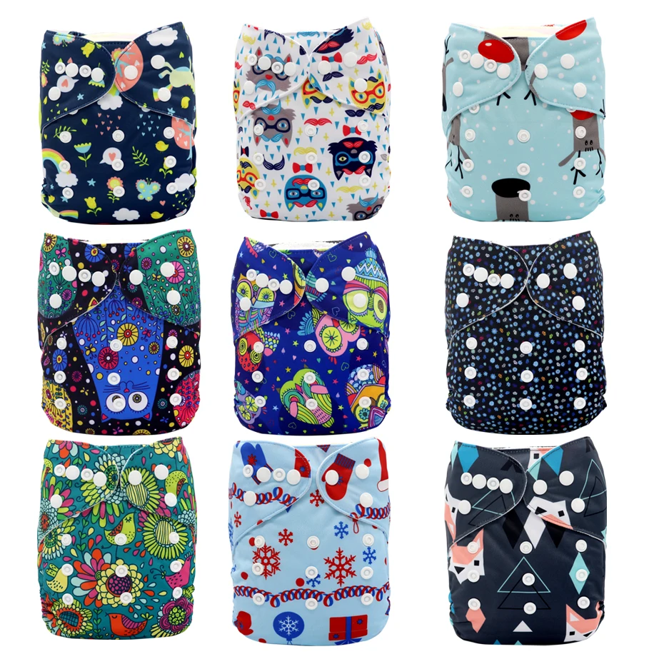 MABOJ Cloth Diapers Baby 9pcs Pocket Cloth Diaper One Size Reusable Washable Nappies Character Unisex Baby Care Pants Insert