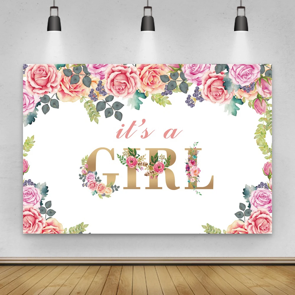 

Laeacco Flowers Leaves It's a girl Baby Shower Floral Birthday Photography Backdrop Custom Background For Photo Studio Photocall