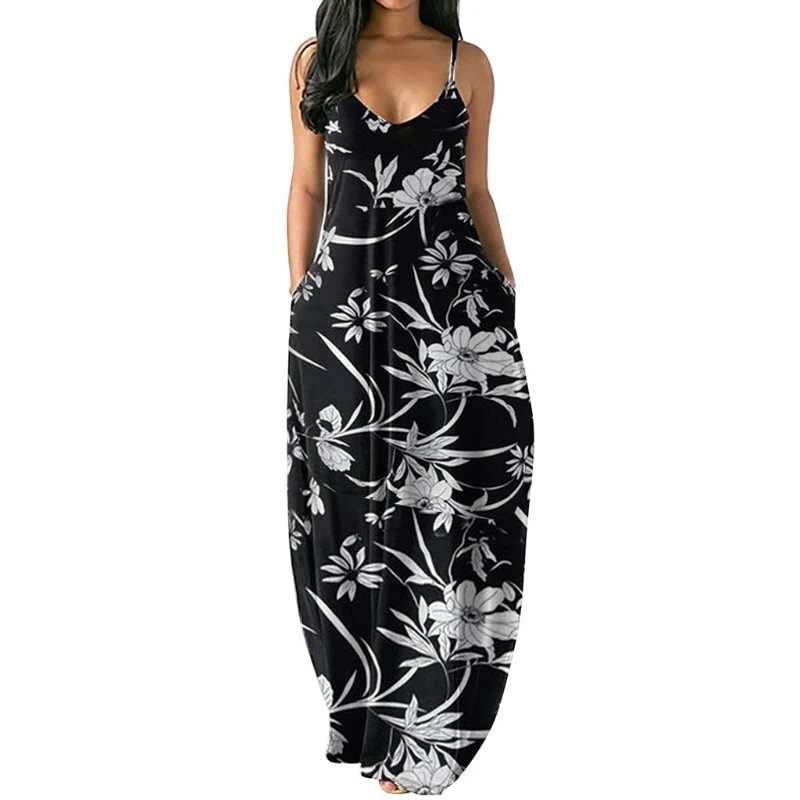 

E15E Women Summer Spaghetti Strap Sexy Deep V-Neck Maxi Long Dress Bohemian Floral Print Casual Loose Strappy Beach Cami with