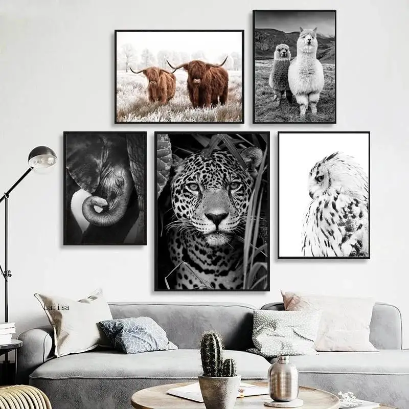 

Jaguar Cow Cute Alpaca Animal Poster and Prints Black White Wall Art Nursery Canvas Painting Pictures for Living Room Home Decor