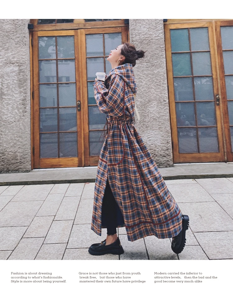 

Maxi Windbreaker Autumn Winter Women Vintage Plaid Long Hooded Trench Coat Female Street Style Drawstring Waist Overcoat Cloak
