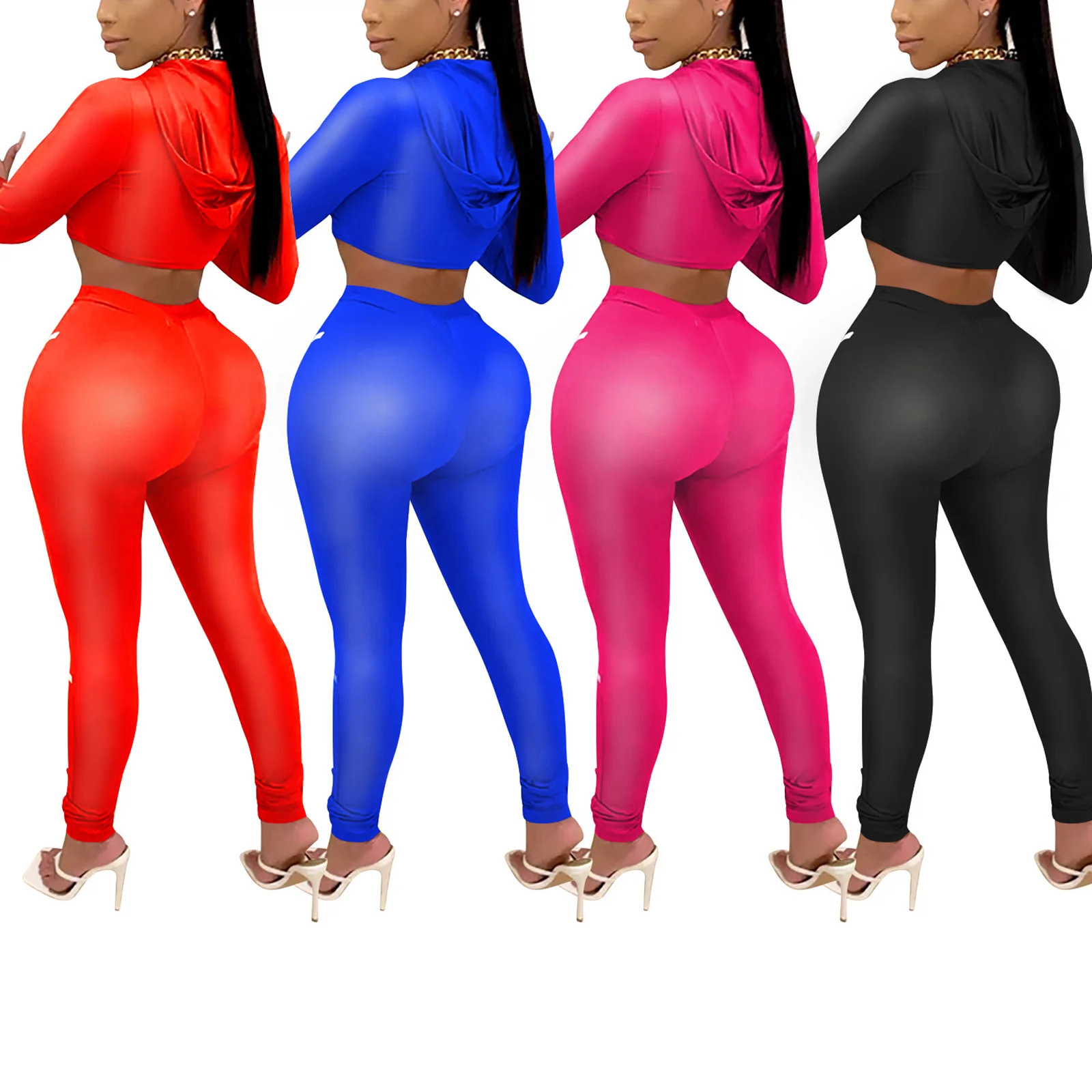 

Women's Two Pieces Sports Suit Long Sleeve Hooded Zipper Crop Top Tight Long Pants for Daily and Exercise Tracksuit Outfits sets