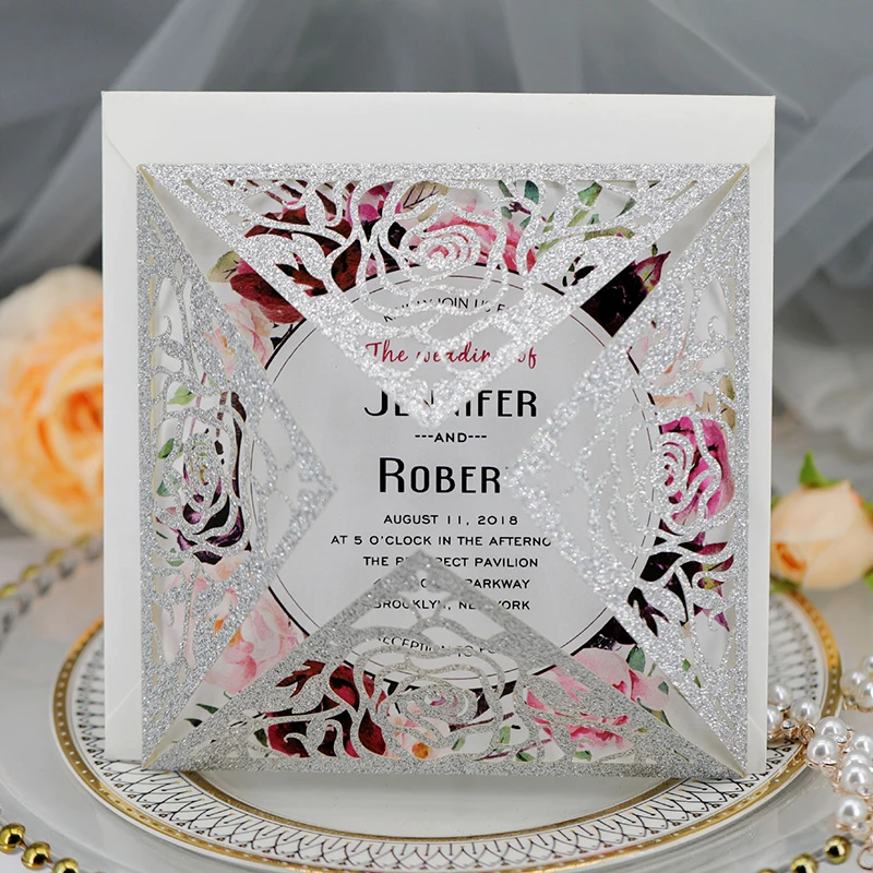 50 шт. блестящие бумажные Полые Цветы лазерная резка свадебные пригласительные