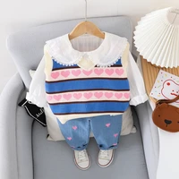 spring autumn baby girls knitted vest lace shirt pants clothing sets toddler infant clothes outfit kids children sportswear