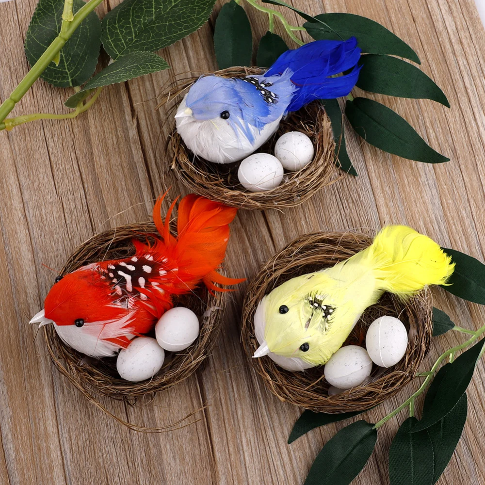 

6Sets Easter Home Party Decor Artificial Nest Bird Eggs Kit Foam Feather Birds Ornaments Crafts