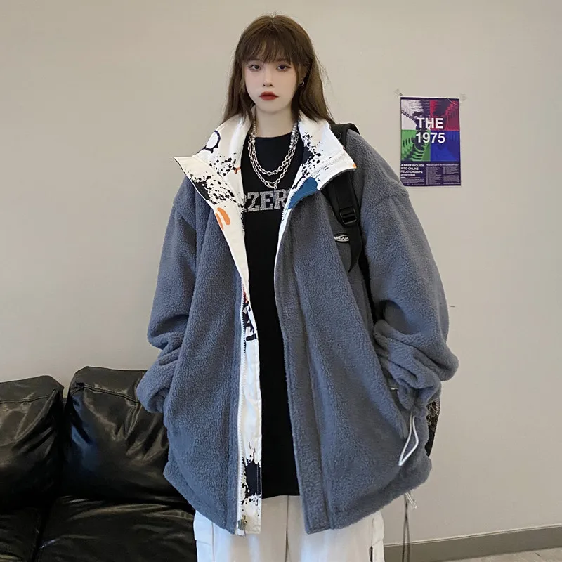 

Vogue Prints Double Wear Oversized Thick Jacket With Lamb Wool Women Stand Collar Zip-Up Velvet Outfits Coat Harajuku Streetwear
