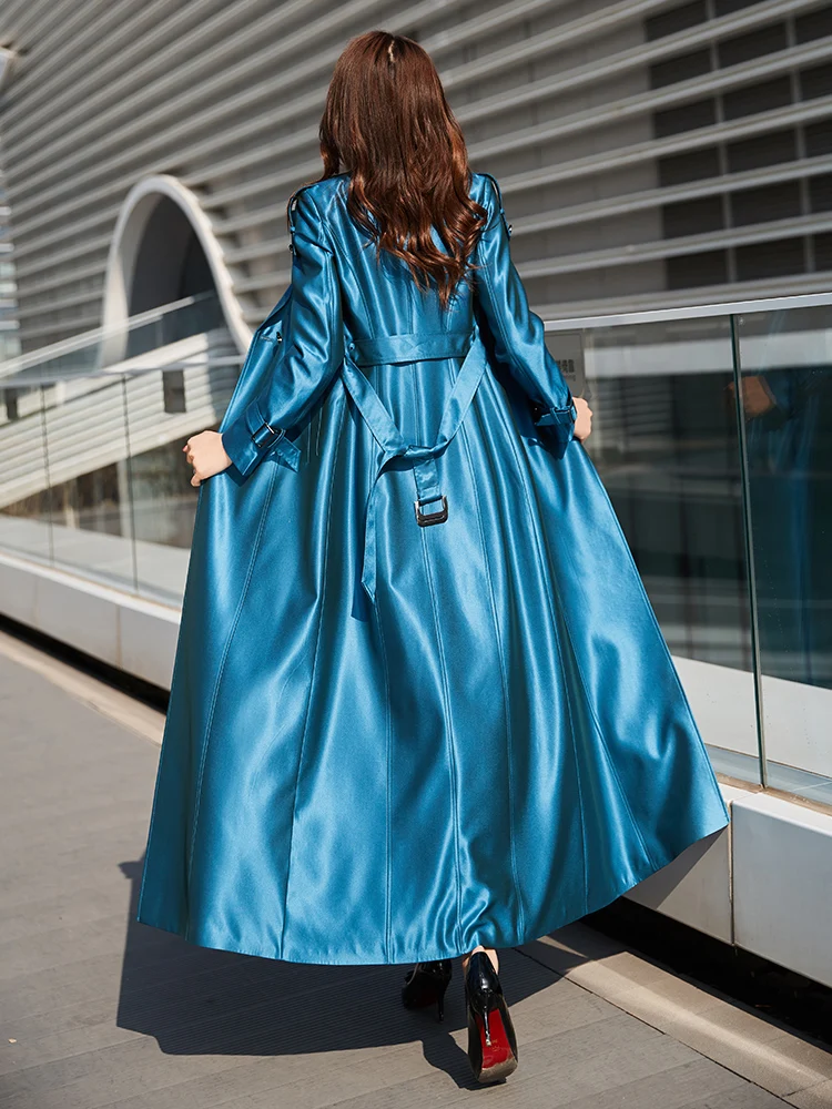 

2020 autumn new blue bright face windbreaker women's European and American fashion double-breasted waist long slimming jacket