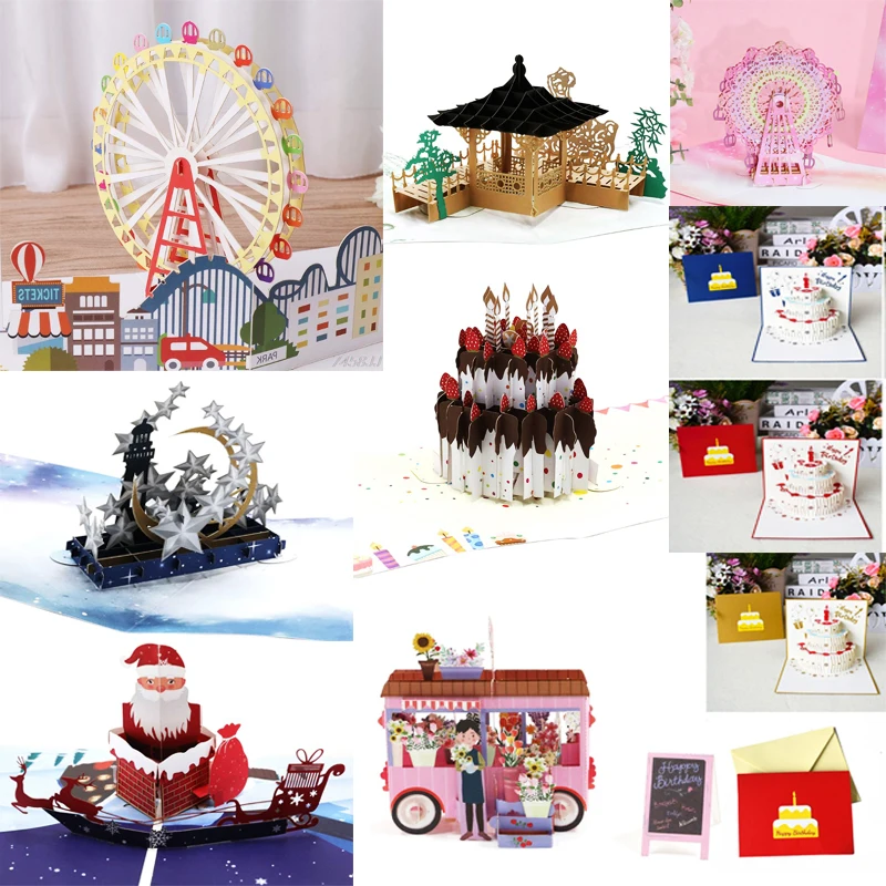 38 Styles Floats 3D Pop Up Ferris Wheel Cake Star Moon Ice Castle Greeting Card Valentine Christmas Envelope Birthday Invitation | Дом и сад