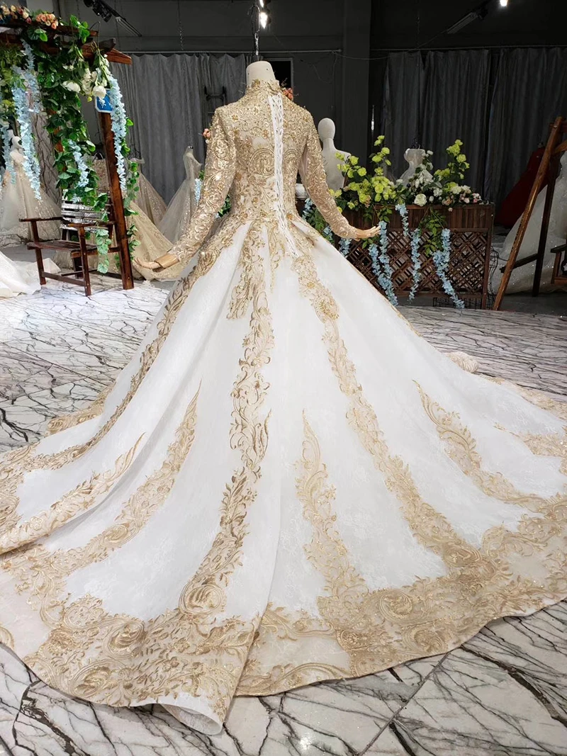 BGW 21230ht Luxury Wedding Dresses Muslim Woman High Neck Long Sleeve Lace Up Floor Length Princess Bridal Dress Golden Mariage