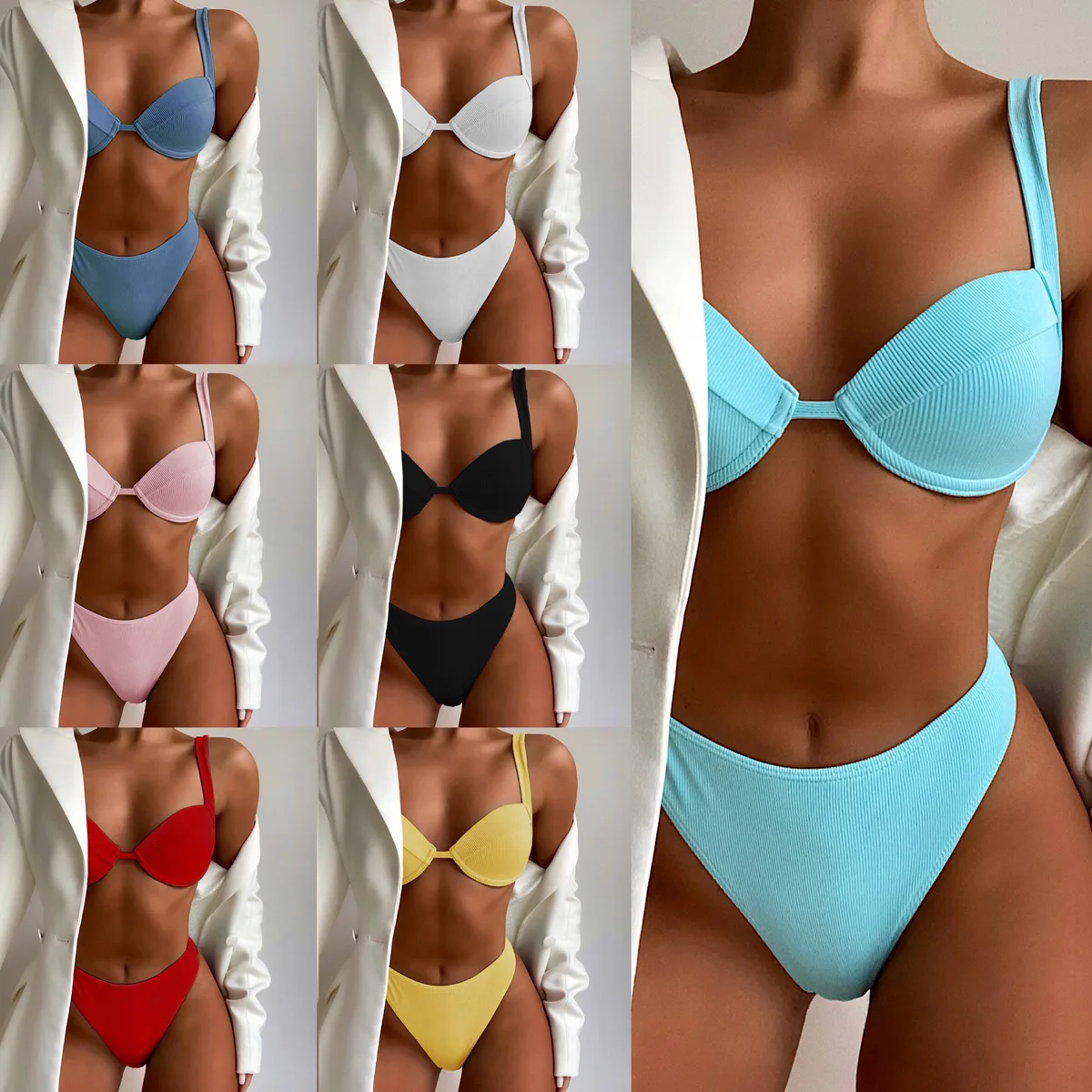 

2021 new hard cup bikini high waist solid color candy color sweet sexy swimsuit beach seaside split swimsuit