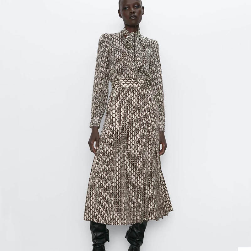 Женские платья с поясом бабочкой модное Плиссированное Платье принтом женские