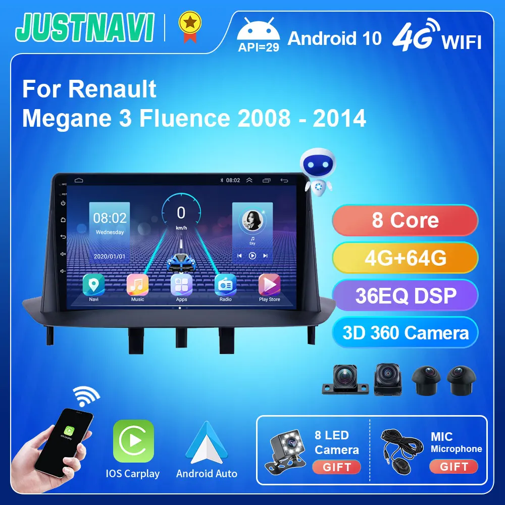 JUSTNAVI QT5 Android 10.0 Car Radio For Renault Megane 3 Fluence Samsung SM3 2008 - 2014 WIFI 4G DSP Car Play 2 Din No DVD Radio