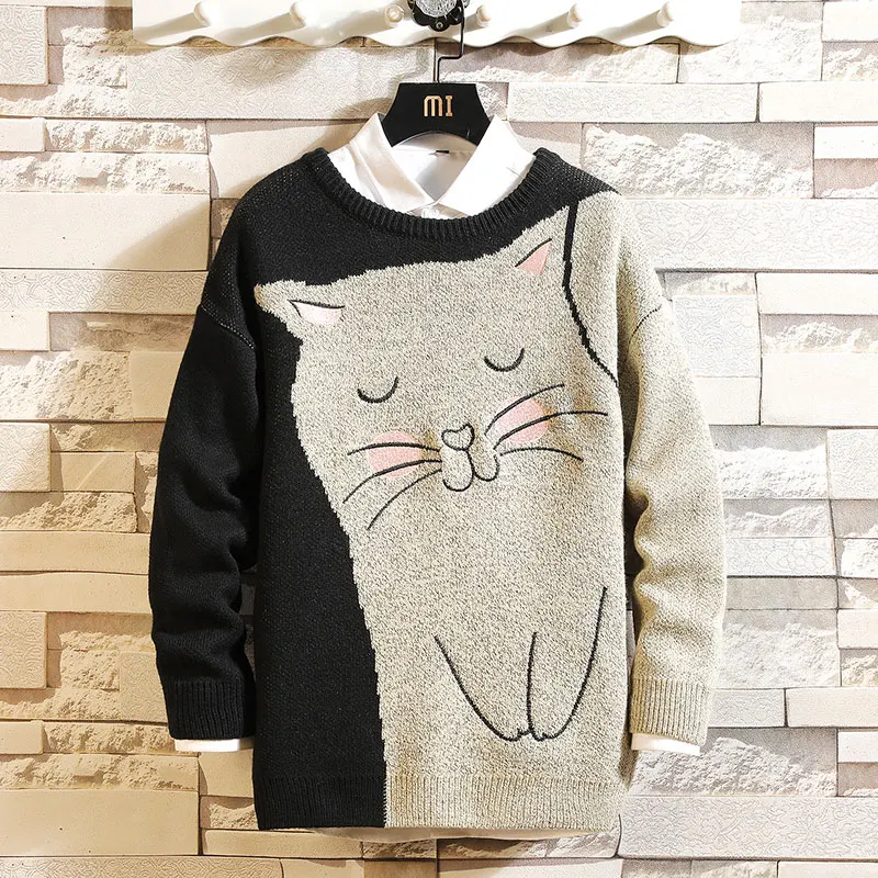 Осенний корейский модный свитер для мужчин и женщин с милым рисунком кота