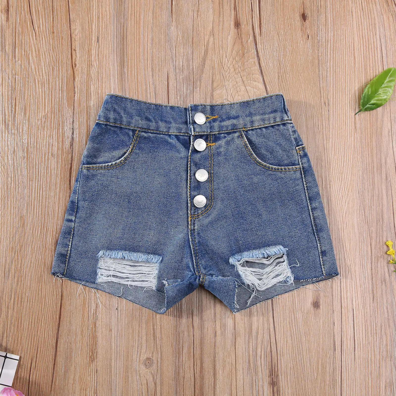 

2021 Girls Casual Jeans with Broken Holes, Children Solid Color Denim Cloth Shorts, Dark Blue/ Black