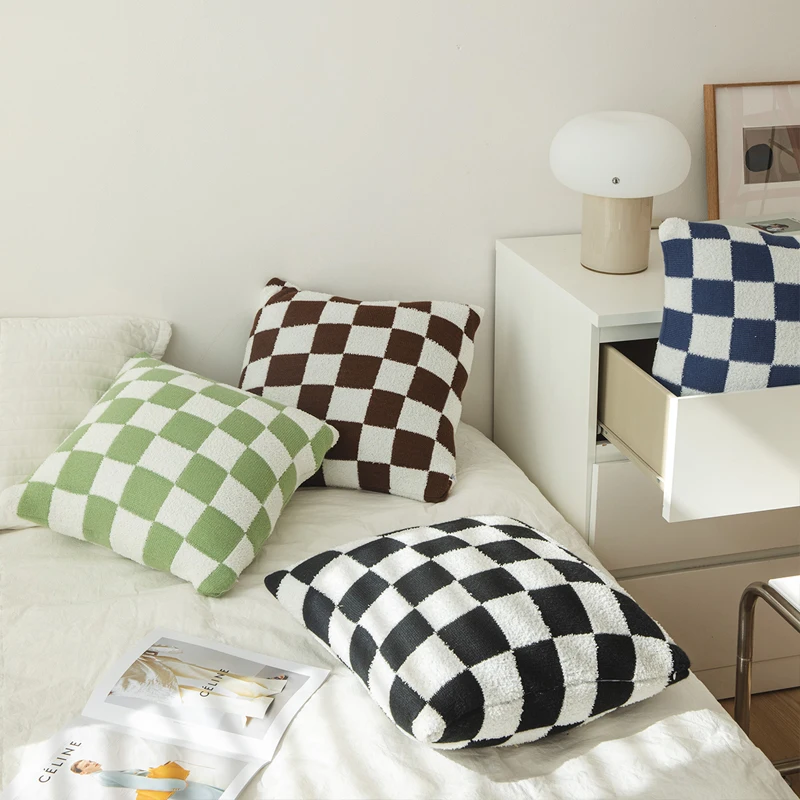 Вязаные чехлы для подушек Мягкий клетчатый черный оранжевый зеленый