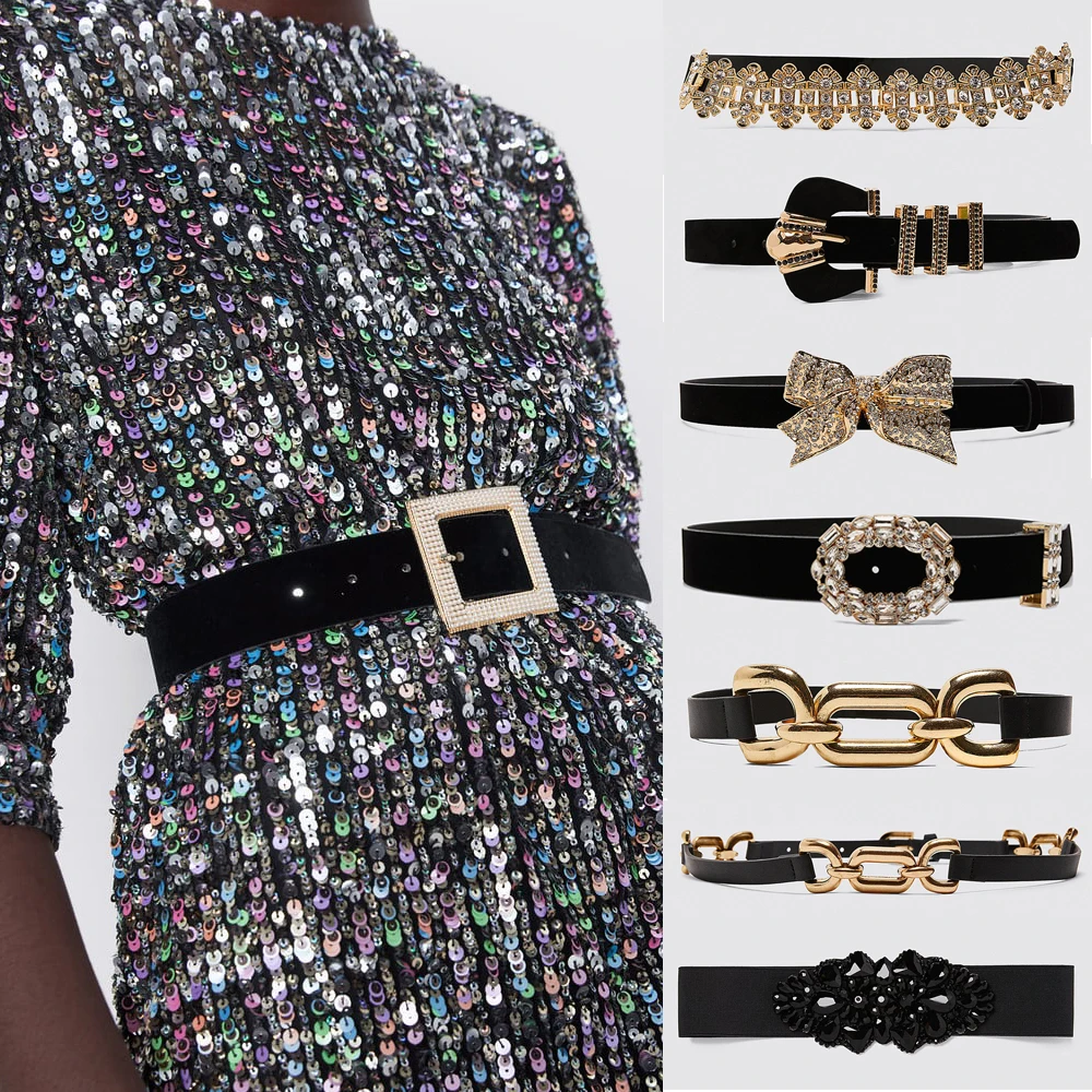 2019 ZA женский кожаный ремень модный винтажный жемчужный кристалл пряжка