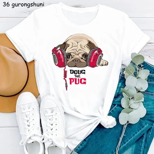 Funny Doug The Pug Listening To Music Animal Print T-Shirt Women Clothes 2022 Harajuku Kawaii Summer Tops Fashion Tshirt Femme