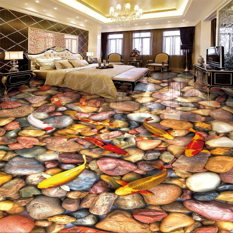 

Custom Floor Sticker Colorful Pebbles Silver Carp Pond Gold Fish 3d Solid Stone Home Floor Stickers