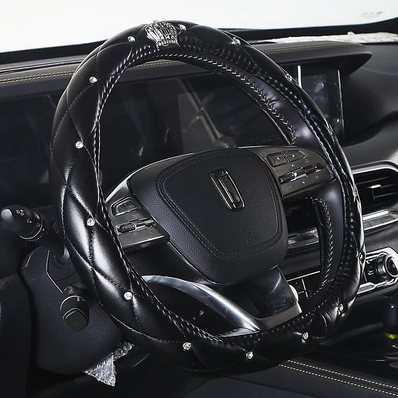

Luxury Crown Litchi Soft Leather Crystal Steering Wheel Cover, with Premium Bling Bling Diamond 15 inch Universal for Women