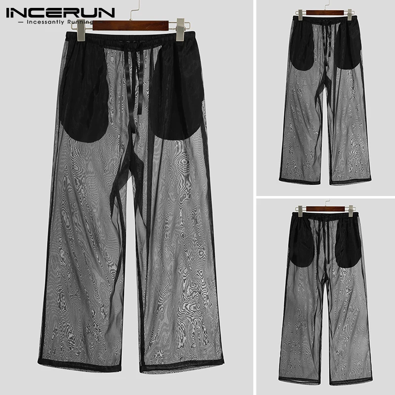 

INCERUN New Men's Fashion Casual Style Homewear Sleep Bottoms Sexy Net Yarn Trousers See-though Breathable Mesh Pantalons 2021