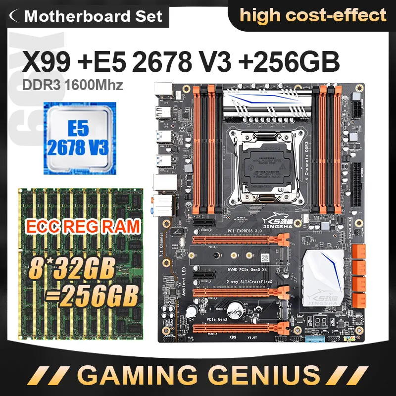 Verkauf JINGSHA X99 Motherboard Set Mit Xeon E5 2678V3 LGA 2011-3 CPU 8 Stücke X 32GB = 256GB 1600MHz DDR3 ECC REG Speicher