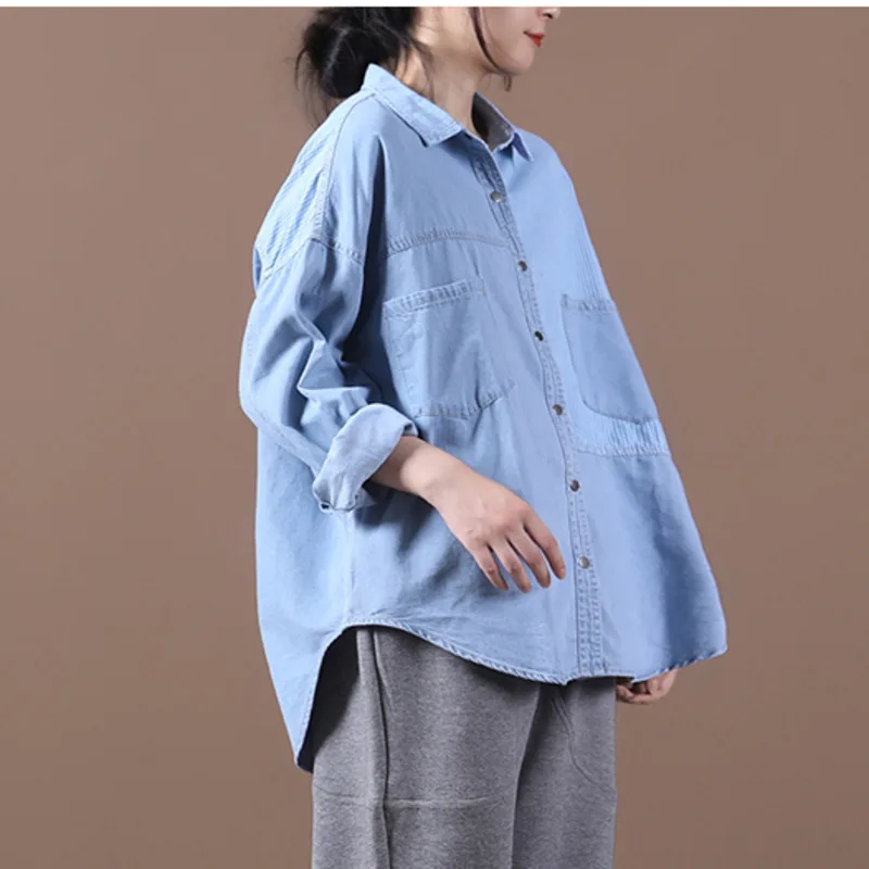 

IEQJ Loose Large Stripe Splicing Long Sleeve Lapel Collar Single Breasted Pockte Denim Shirt For Women Casual 2021 Spring GD396