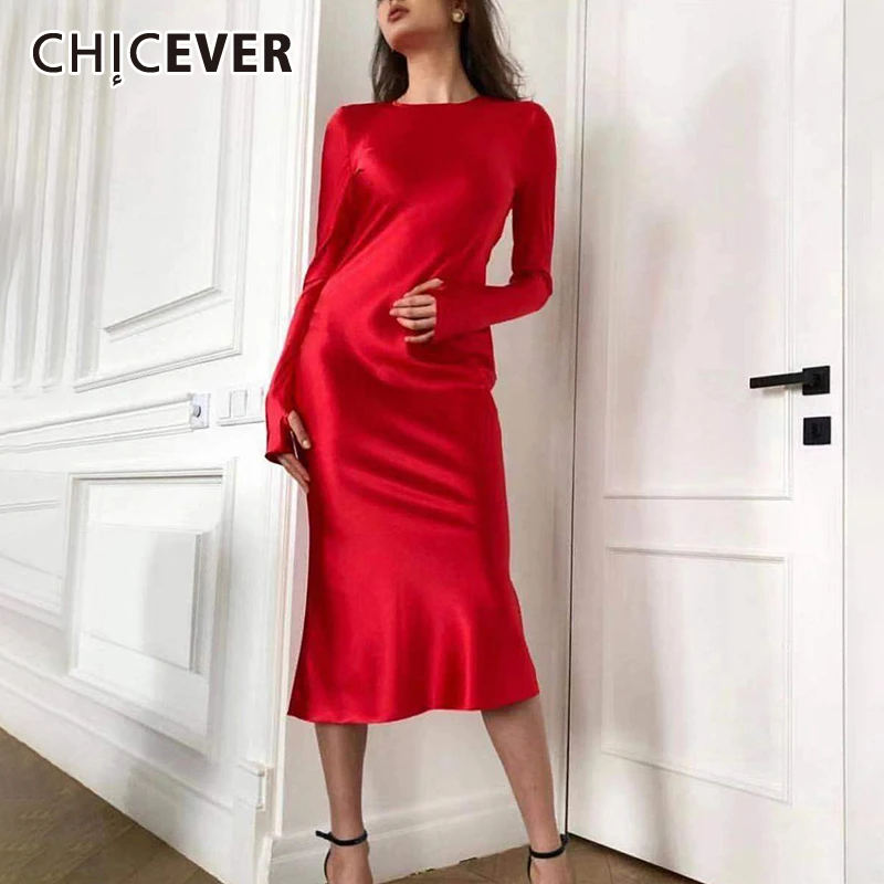 CHICEVER атласное платье для женщин с круглым вырезом и длинными рукавами миди