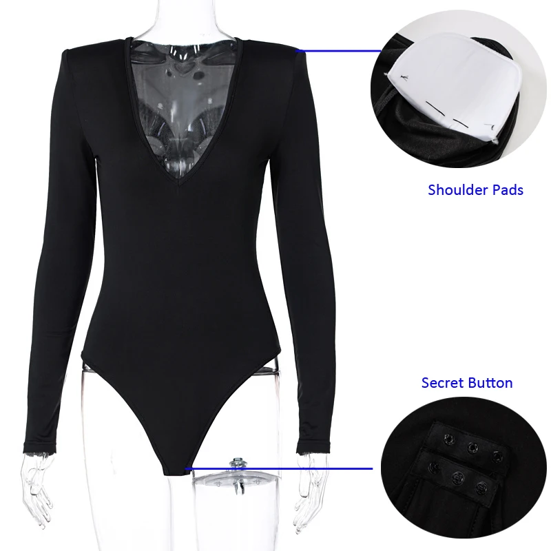 

Casual V Neck Long Sleeve Bodysuit Women with Shoulder Pads Spring Autumn 2021 Fashion Office Lady Bodycon Rompers Body Femme